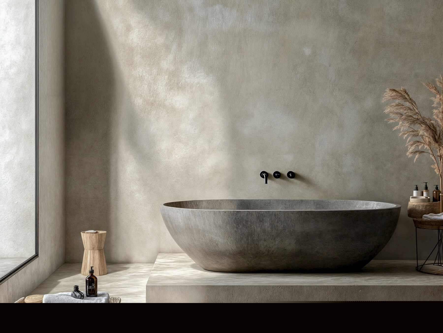 Bellissimo microcement bathroom with soft accessories and plant